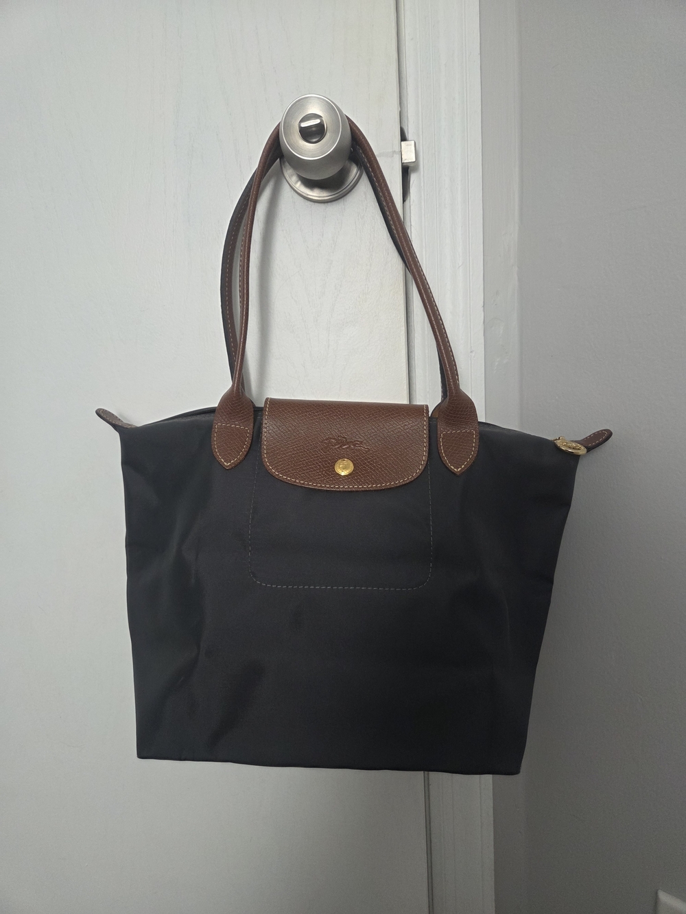 Longchamp Le Pilage Medium Charcoal Grey Tote with Brown Leather Trim